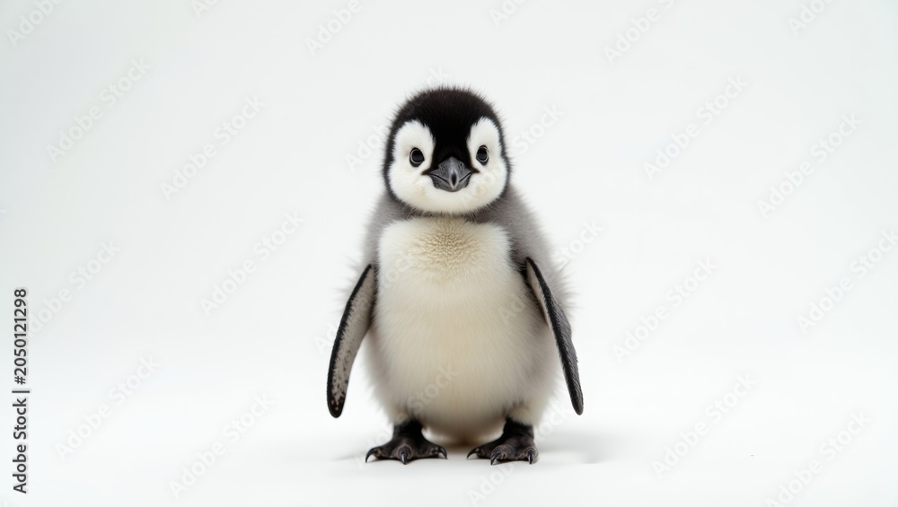 Obraz premium Baby penguin standing upright on a white background, showcasing its fluffy gray and white feathers, small flippers, and round face with dark eyes