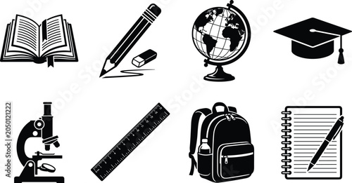 Принти на полотні Set of black and white school education icons featuring book pencil globe gradua