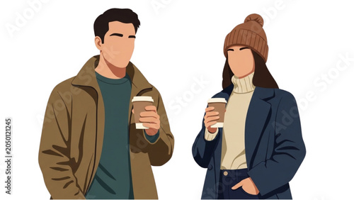 Fotografie A man and woman in casual wear holding coffee cups outdoors on a chilly day