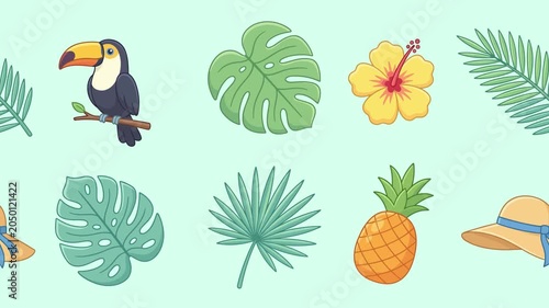 Animation Seamless tropical pattern with toucan bird pineapple and exotic leaves