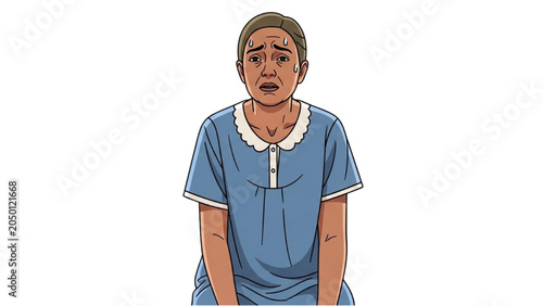 Photos A woman wearing a blue dress sits quietly indoors.