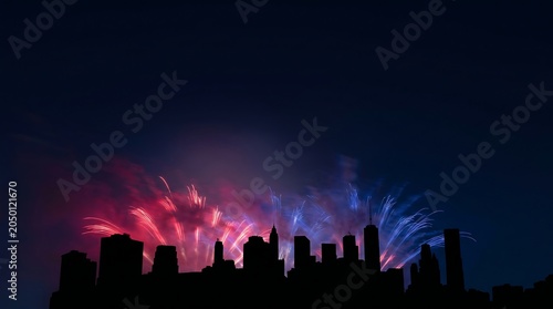 New York City skyline silhouette with vibrant red, white, and blue fireworks illuminating the night sky, celebratory background for United States Independence Day, 4th of July celebration concept