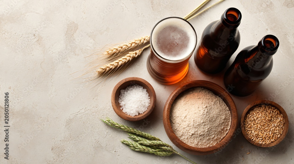 Fototapeta premium A clean commercial layout with beer and ingredients aligned for advertising on a neutral background