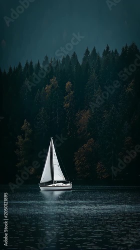 Sailboat with white sails floating on calm reflective lake near dense misty forest