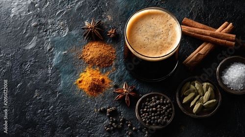 A dark composition with beer and spices scattered around on a textured black surface