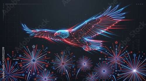 Futuristic neon laser eagle flying over 4th of July fireworks display, USA Independence Day patriotic background, red white and blue digital HUD technology vector illustration