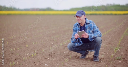 Farmer inspecting young crops with tablet in cultivated field