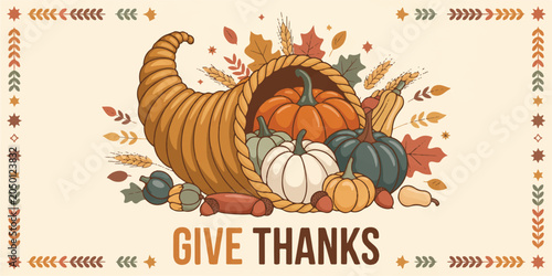 Photos Thanksgiving cornucopia overflowing with pumpkins gourds autumn leaves and wheat stalks wish for gratitude