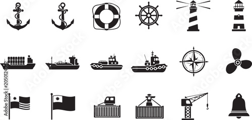 Set of nautical icons and symbols for maritime and shipping concepts  various designs