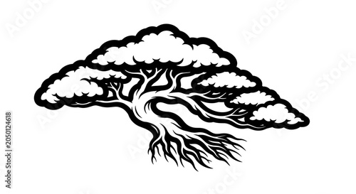 Black and white illustration of a tree with roots and branches