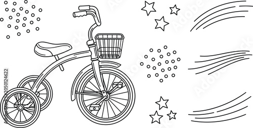 Foto Cute kids tricycle coloring page vector illustration with stars bubbles and spee