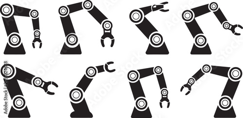 Bild auf Leinwand Set of industrial robotic arm icons showing automated factory machinery technology with mechanical joints and heavy gripper tools
