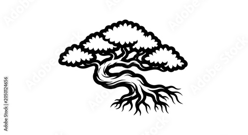 Black and white illustration of a tree with roots and leaves