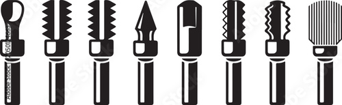 Graphic icons representing various sculpture tools and pottery shaping equipment for professional ceramic art and clay molding.
