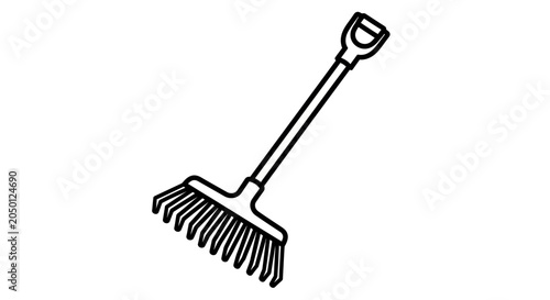 A black line drawing of a garden rake with long handle and tines