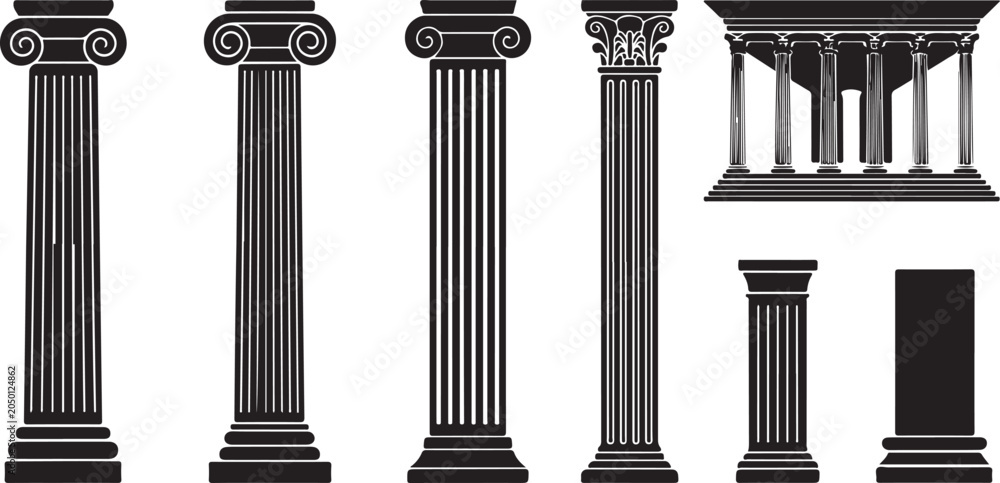 Naklejka premium Ancient Greek columns and temple architecture in black and white silhouette.