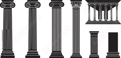 Ancient Greek columns and temple architecture in black and white silhouette.