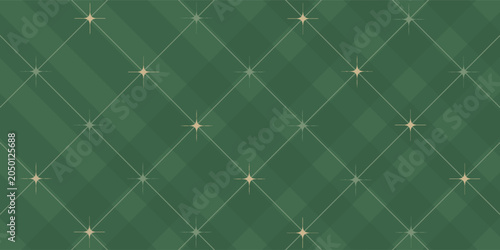 Christmas rhombus seamless pattern. Xmas plaid texture with gold line and stars. Green argyle geometric diamond abstract pattern. Christmas wrapping. Vector illustration isolated on green background.