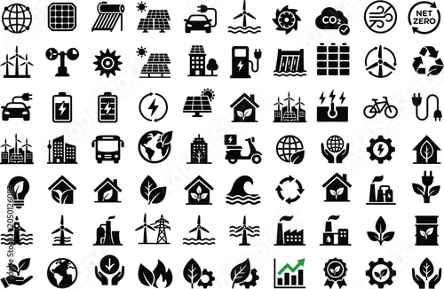 Foto Renewable energy and green technology solid icon set