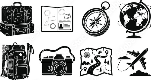 Travel and adventure vector icons set featuring vintage suitcases passport compass globe backpack camera map and airplane