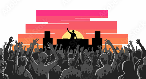 Energetic crowd at a vibrant outdoor music festival with a DJ performing.