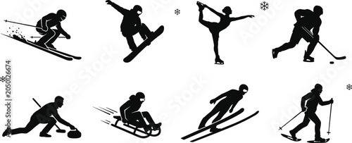 Winter sports athletes vector silhouette set featuring skiing snowboarding figure skating ice hockey curling bobsled ski jumping and snowshoeing