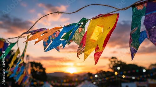 Quadro em tela Colorful festive flags hanging against a beautiful sunset sky