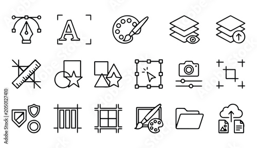 Cuadro en lienzo Graphic design and creative workflow line icons with creative, photoshop