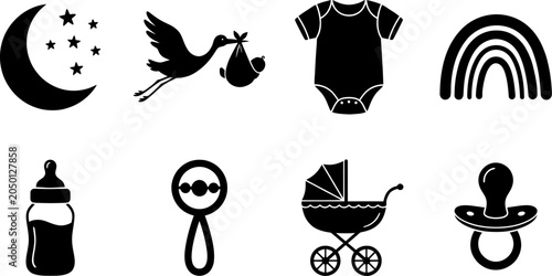 Canvastavla Baby arrival and nursery essentials vector icon set featuring stork baby clothes