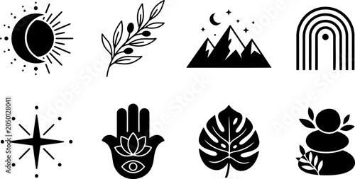 Bild auf Leinwand Spiritual and mystical boho vector icons including sun moon hamsa hand lotus lea