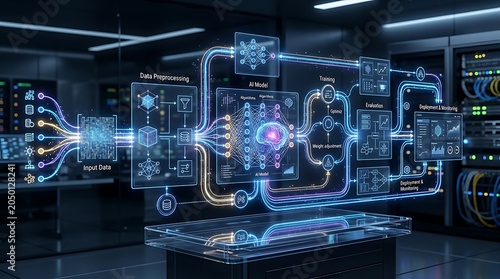Futuristic holographic data visualization in a server room.