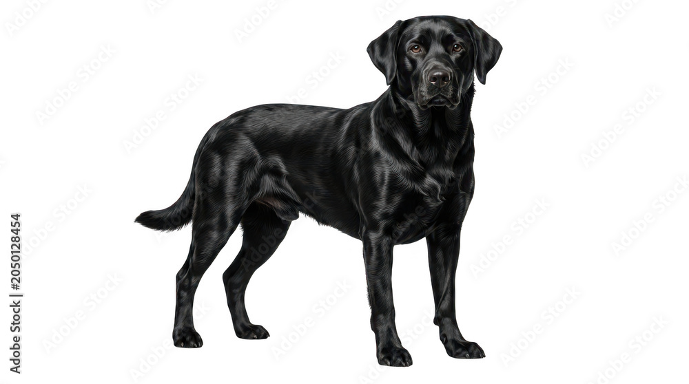 Fototapeta premium Majestic black labrador retriever standing elegantly on an isolated background, full body view.