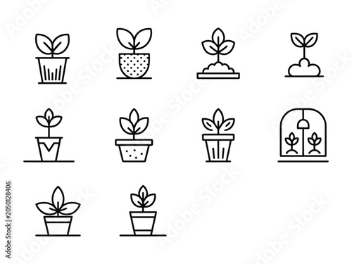 Plant icon set with various potted plants and seedlings in black and white