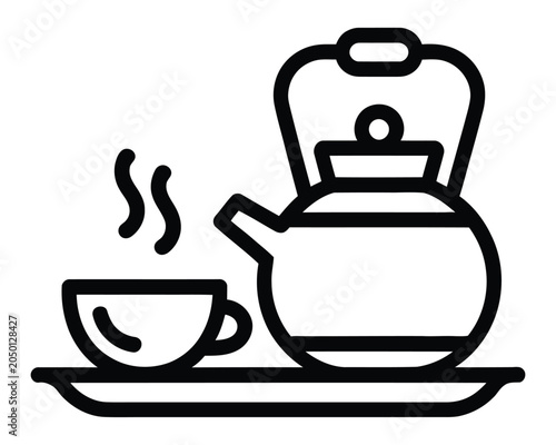 Tea kettle icon with steaming cup on tray illustration