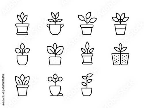 Plant icon set with various potted plants and gardening tools illustration