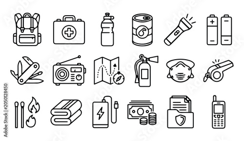 Bild auf Leinwand Set of camping and emergency survival equipment icons with first aid, survival