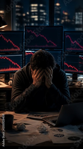 Man distressed by stock market crash on multiple monitors.