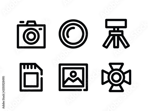 Camera icon set including vector illustrations of photography equipment and symbols