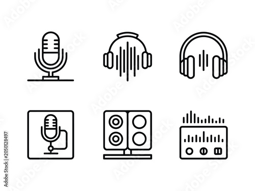 Microphone icon set with headphones and speakers in line style