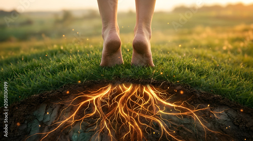 Person standing barefoot on grass with glowing roots underneath representing grounding and connection to nature