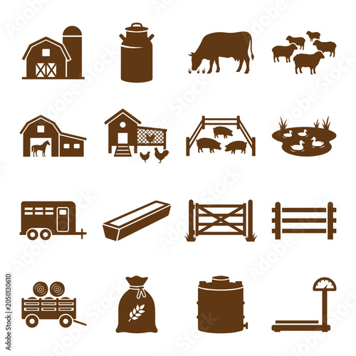 Set of farm buildings and agricultural icons with buildings, agriculture