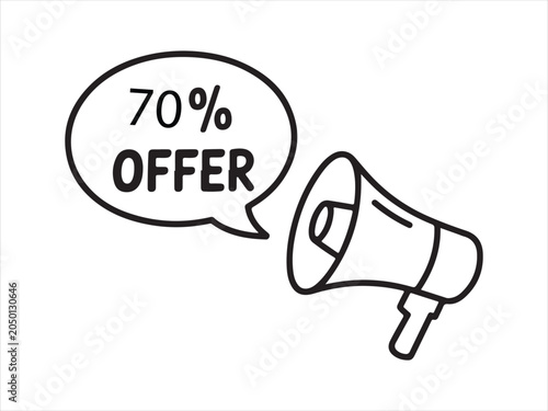 70% Off Offer Megaphone Speech Bubble Icon, Megaphone outline vector banner. Discount offer price sign
