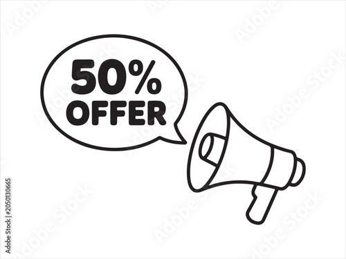 50% Off Sale Speech Bubble with Megaphone Line Icon Vector