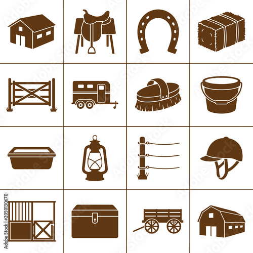 Collection of equestrian and farm icons featuring stable and riding equipment