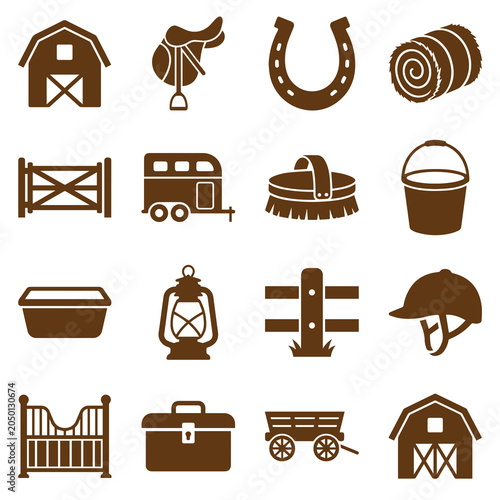 Set of equestrian and horse farming icons for stable and farm management