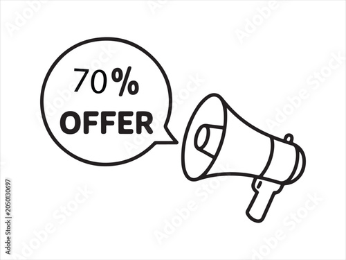 70% Off Offer Megaphone Speech Bubble Icon, Megaphone outline vector banner. Discount offer price sign