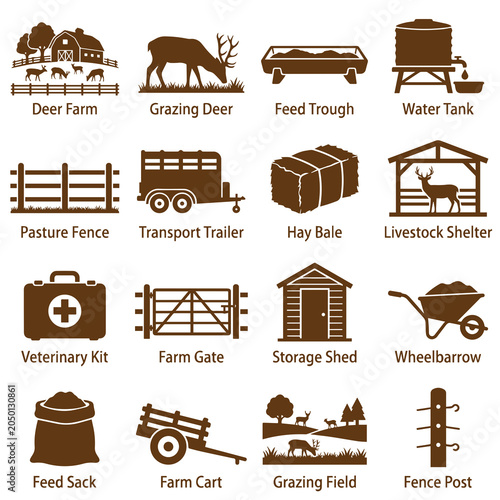 Deer farming and livestock management icons for agricultural systems