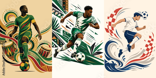 Fotografía Abstract soccer player with red and white checkerboard background