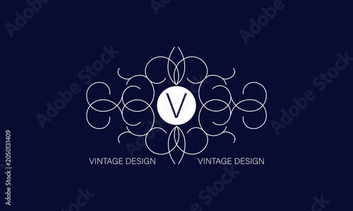Luxury vector logo or icon design with letter V in the center and space for text. Illustration of a trendy frame, good for fashion boutique, company brand, label.