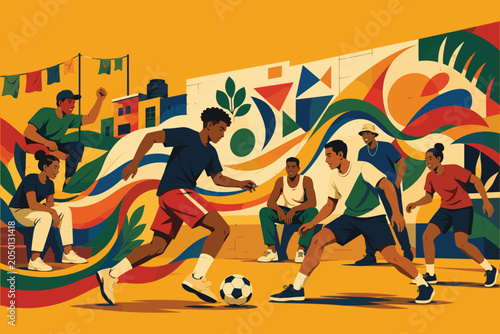 Fényképezés Group of young people playing street soccer against a colorful mural